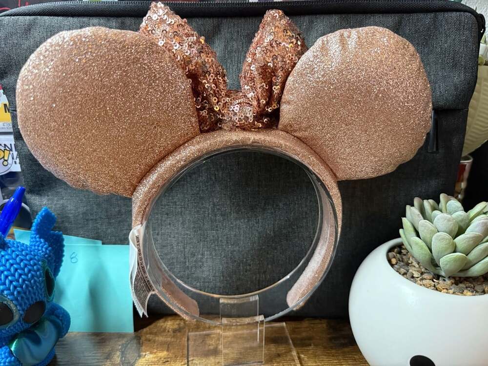 EUC Disney Parks Rose Gold Sequined Bow Ear Headband - Picture 2 of 3